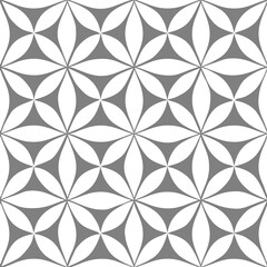 Fototapeta premium Seamless gray and white abstract geometric pattern. The design features interlocking leaf-like shapes creating a harmonious and elegant visual