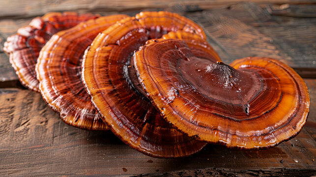 Ganoderma lucidum mushroom on wooden background