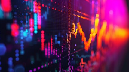 Detailed analysis of stock market trends: zoomed-in view of rising candlestick chart patterns on a blue monitor display
