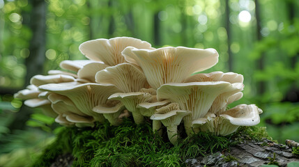 Oyster mushrooms in the green forest - obrazy, fototapety, plakaty
