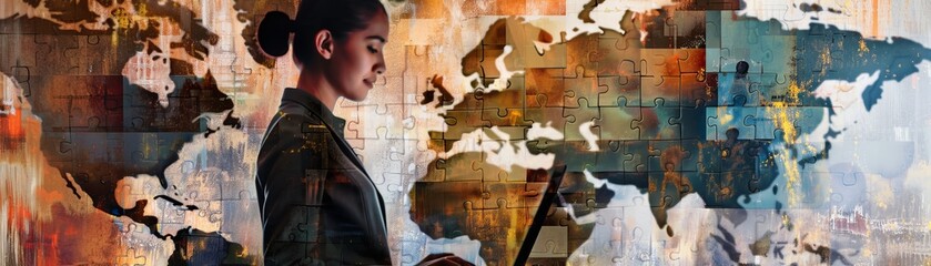 A sketch image composite trend artwork 3D photo collage of a silhouette young woman holding a laptop and solving a puzzle of creative thinking