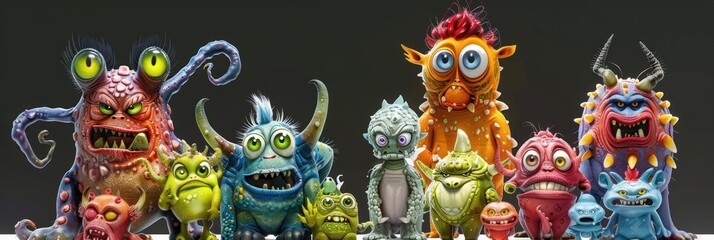 A group of colorful, cartoon-like monsters with different personalities and features.