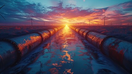 A long train of pipes is seen in the desert