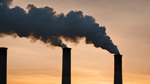 industrial chimneys with heavy smoke causing pollution. Environmental problem of city air pollution - Industrial construction cranes and building site over Steam and smoke emissions