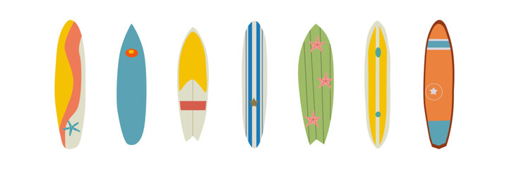 vector surfboard set isolated on white background, various surf tables, flat style, cartoon vector illustration