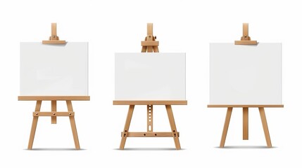 Mockup of a wooden easel or painting board with a white canvas front and side views, empty with paper, artist equipment, and realistic modern illustration.