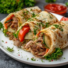 Barbeque Meat Shaverma, Doner Kebab with Vegetables, Tortilla Rolls Stuffed with Fried Beef