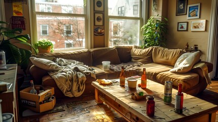 A living room with a couch, coffee table and bottles of beer on it