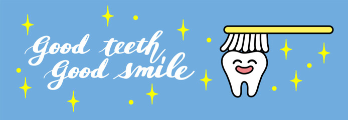 かわいい歯と「good teeth good smile」カリグラフィイラスト