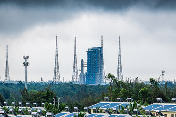 Rocket being prepared for launch, Hainan, China