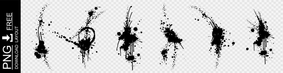 Set of black splashes and spots on transparent background. Blots and ink are splashed in different directions. Collection realistic black splashes for design and creating creative textures