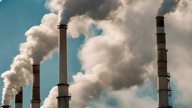 industrial chimneys with heavy smoke causing pollution. Environmental problem of city air pollution - Industrial construction cranes and building site over Steam and smoke emissions