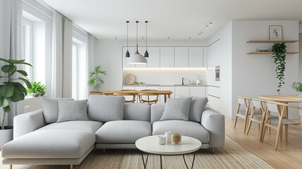 Modern and cozy apartment living space interior design, 3d render