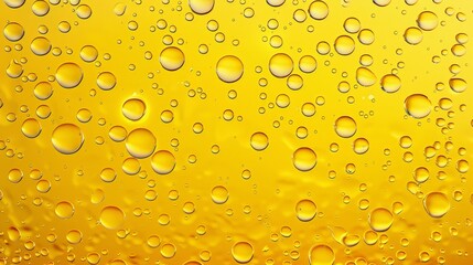 Droplets of condensation water or beer on a yellow glass background. Rain drops on the window, abstract wet texture, a cold beverage or alcohol in a wine glass. Realistic modern illustration.