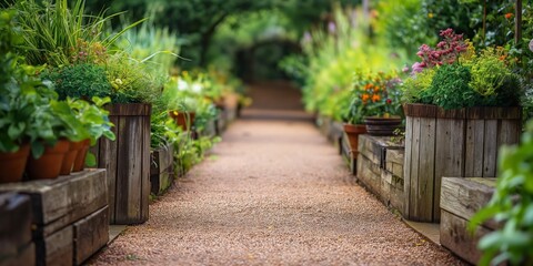 A tranquil garden path lined with wooden planters overflowing with lush greenery and vibrant flowers, evoking serenity