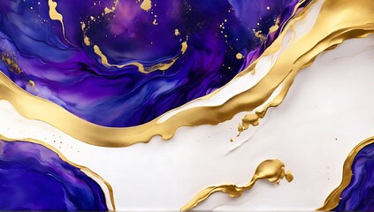 Gold and navy blue waves abstract luxury background for copy space text. Golden colors curves backdrop of alcohol ink watercolor panorama banner