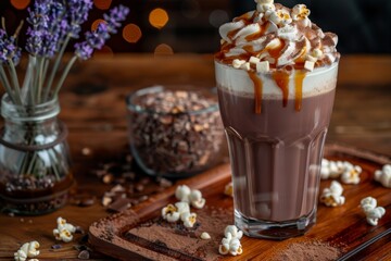 Cocoa Drink, Natural Cold Coffee with Whipped Cream and Caramel Popcorn, Cacao Milkshake