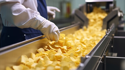 Conveyor line production of potato chips in factory.