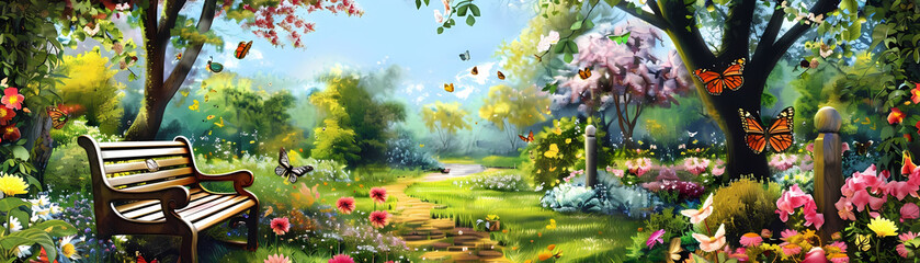 summer garden scene featuring a wooden bench surrounded by a variety of colorful flowers and butterflies, including orange, yellow, pink, and purple blooms, with a tree in the background