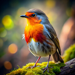 Obraz premium Medium shot, Gray and red feathers on a bird, in the style of yellow and orange, moody lighting, best quality, full body portrait, real picture, intricate details, depth of field, in a forest, fujifil