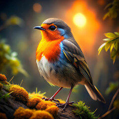 Medium shot, Gray and red feathers on a bird, in the style of yellow and orange, moody lighting, best quality, full body portrait, real picture, intricate details, depth of field, in a forest, fujifil