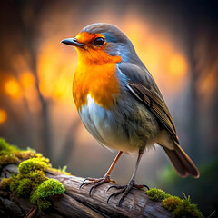 Medium shot, Gray and red feathers on a bird, in the style of yellow and orange, moody lighting,...