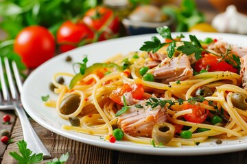 Italian Spaghetti with Tuna Fillet and Vegetables on White Restaurant Plate. Fish Pasta with Canned Seafood