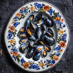 Blue Mussels on Dark Leaves and Flowers Background Top View, Delicacy Seafood Dish