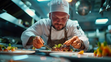 A restaurant chef in a white uniform skillfully prepares food in a stainless steel kitchen