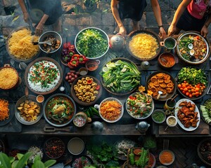 Vibrant market stall overflows with colorful spices, vegetables, and fresh herbs for delicious Asian cuisine