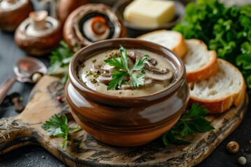 Mushrooms Cream Soup in Ceramic Pot, Homemade Creamy Soup Made of Champignons, Boletus