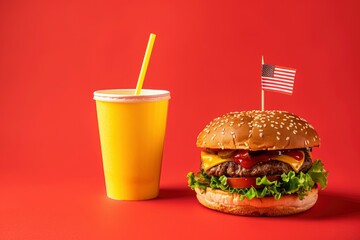 Classic American burger with juneteenth flag on the top and yellow paper cup with straw over red background. Close-up with selective focus with generative ai