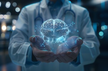 Doctor hand shows the scanning of the brain on a blue background.