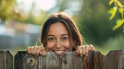 Beautiful young woman looks out from behind fence.