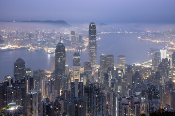 Aerial view of Hong Kong Skyline early morning and sunrise