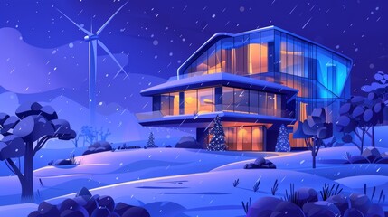 In this cartoon modern illustration, a house with wind turbines is seen in the darkness of a winter night. An eco friendly home is seen on a nature landscape with falling snow and trees. Renewable