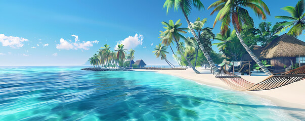 tropical island getaway scene with palm trees, blue sky, and water, featuring a straw hut and white clouds