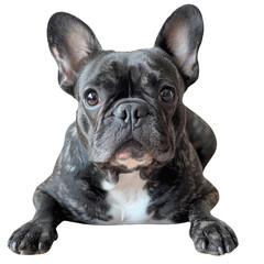 A detailed portrait of a black French bulldog looking directly at the camera transparent background PNG