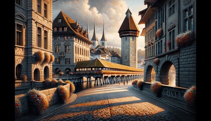 A paint depicting historic urban charm of Lucerne's old town, features cobblestone streets and medieval architecture