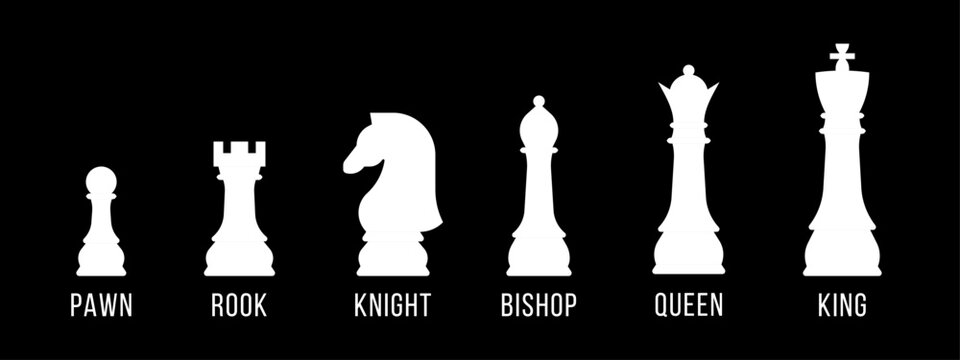 A sleek vector illustration featuring a set of white chess pieces with labeled names, isolated on a black background