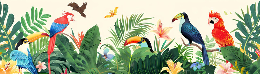 Naklejka premium tropical wildlife illustration featuring a variety of colorful birds and flowers against a white wall