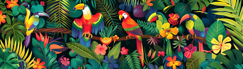 tropical wildlife illustration featuring a variety of colorful birds and flowers