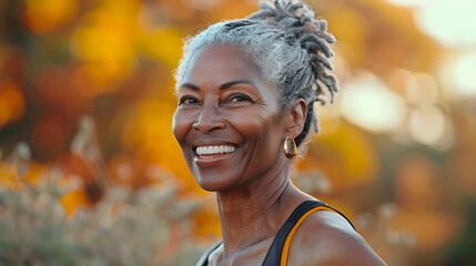 Professional Portrait of an active black African American mature woman smiling and doing fitness pilates outside in nature