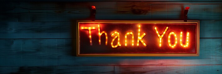 A glowing neon sign with the phrase Thank You lit in bright red, set against a rustic wooden background
