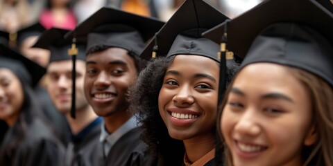 Obraz premium Group of diverse graduates with beaming smiles, celebrating academic success at their graduation ceremony
