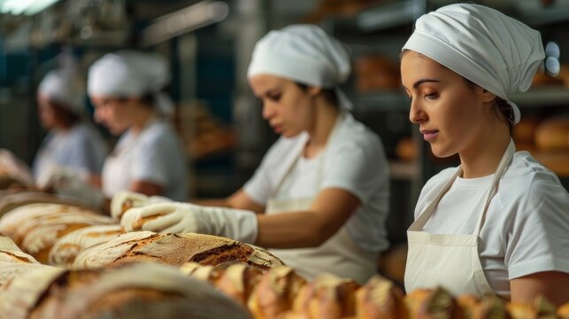 Skilled bakers in white uniforms inspecting and arranging fresh loaves of bread in a bakery