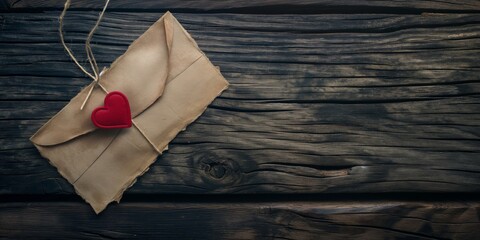 An envelope tied with a string and sealed with a red heart rest on a rustic wooden table, conveying a message of love and affection - Powered by Adobe