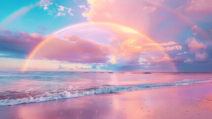 After the rain, the beautiful rainbow paints the sky. It's a stunning sight against the pink clouds. Enjoy the sunrise view on the beach. - Powered by Adobe
