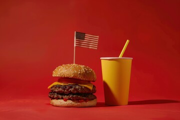 Classic American burger with juneteenth flag on the top and yellow paper cup with straw over red background. Close-up with selective focus with generative ai