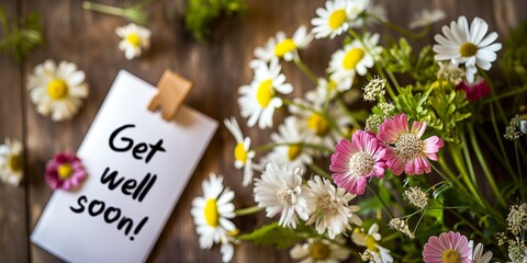 A heartfelt handwritten 'Get Well Soon' note is clipped to a clipboard among a cheerful mix of wildflowers